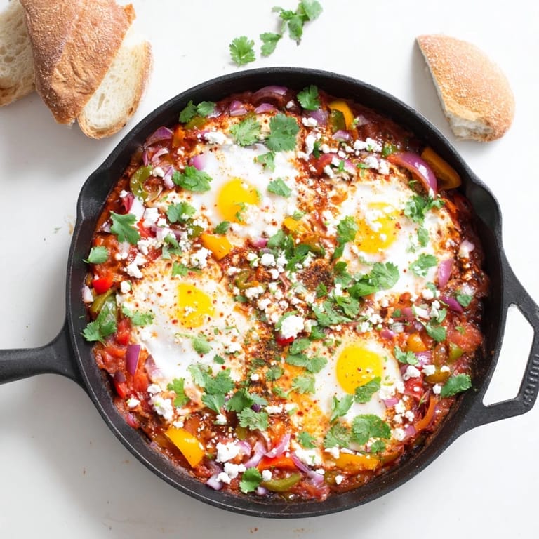 Sizzling skillet of homemade Shakshuka featuring runny egg yolks in a rich tomato-pepper stew, topped with feta and fresh herbs for a savory brunch main dish.