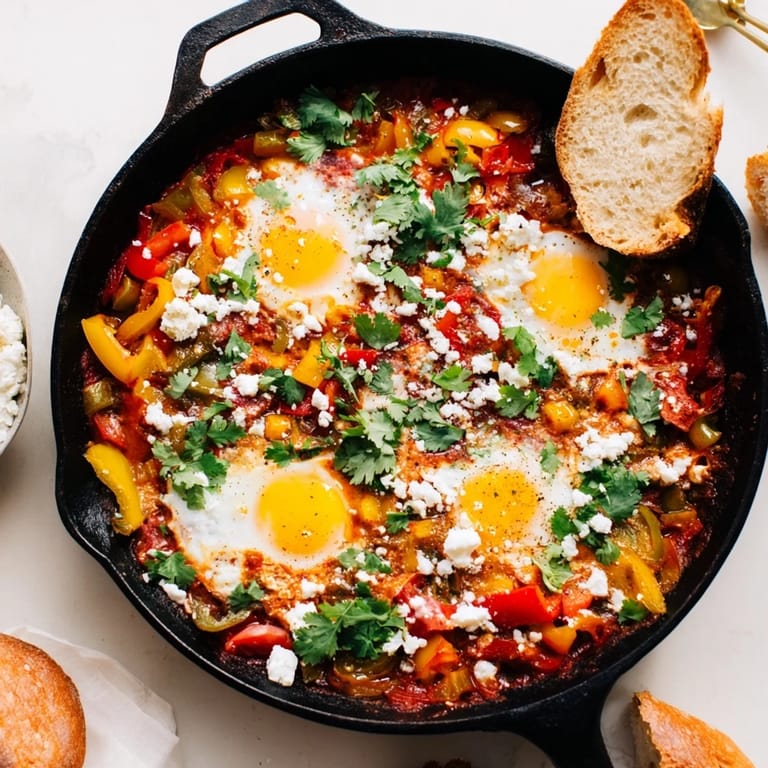 Easy vegetarian Shakshuka recipe topped with crumbled feta and cilantro, with crusty bread on the side perfect for scooping up the smoky, cumin-spiced sauce.