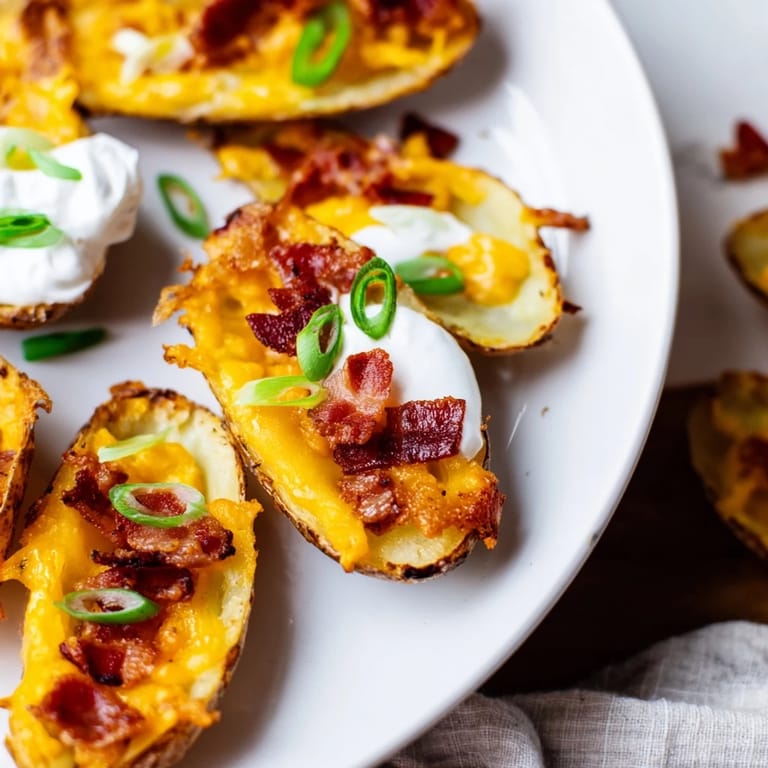 Freshly baked Potato Skins topped with sour cream and sliced scallions, served hot alongside a tangy dipping sauce.