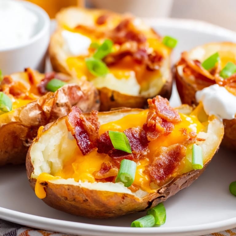 Close-up of golden baked Potato Skins with bubbling cheddar cheese and crispy bacon crumbles, served on a rustic board.