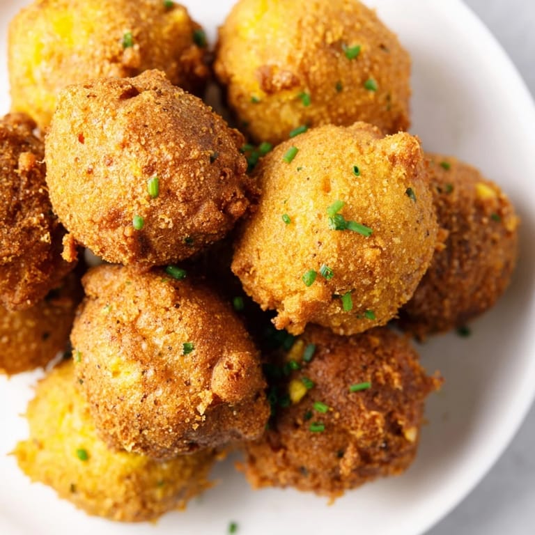 Plate of fluffy Hushpuppies, a classic Southern side dish, garnished with fresh chives and served with honey butter.