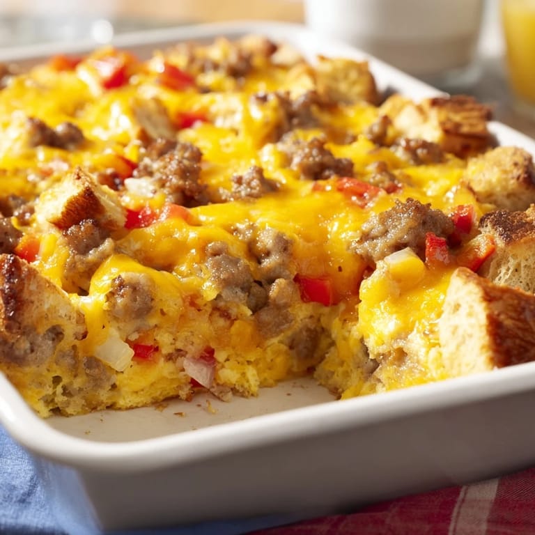 Golden brown and bubbly cheese tops this hot Breakfast Sausage Casserole, perfect for a crowd at a weekend brunch.