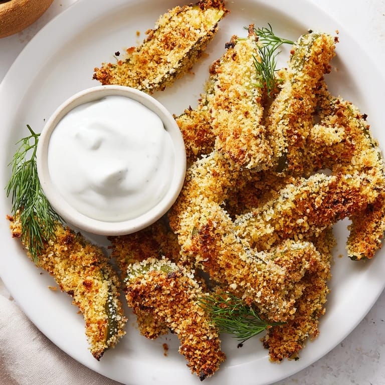 Freshly fried Fried Pickles with a crunchy, golden breading, steaming hot and paired with a small bowl of cool ranch for dipping.
