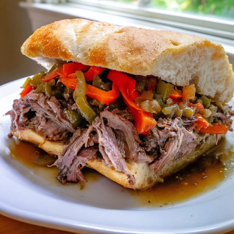 Step-by-step cooking context: Dutch oven with slow-cooked shredded beef and au jus, ready to be piled onto sandwich rolls with spicy giardiniera.