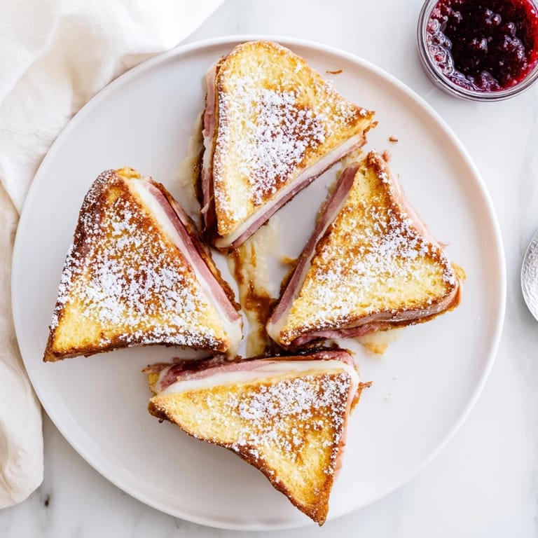 Crispy egg-battered Monte Cristo sandwich on a plate, dusted with powdered sugar, raspberry jam served on the side.
