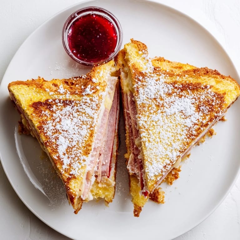 Sizzling Monte Cristo sandwich in a skillet, golden crust with melted cheese oozing, ready to serve for brunch.
