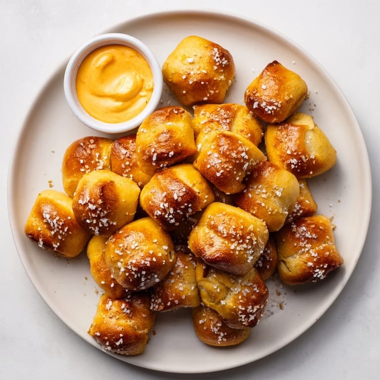 Warm Pretzel Bites with Cheese Dip on a platter, sprinkled with coarse salt and ready for game day.