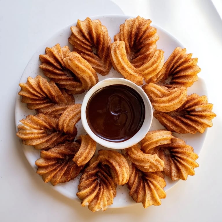 Crispy Spanish churros piled high, served with a warm, rich chocolate dipping sauce.