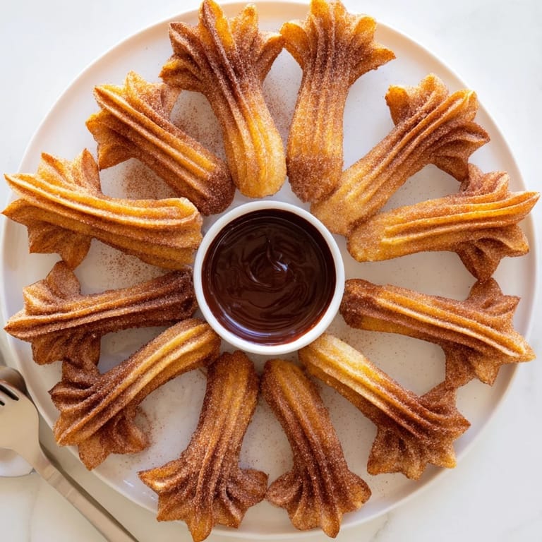 Freshly fried churros dusted with cinnamon sugar, paired with a mug of hot cocoa.