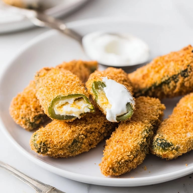 Halved, breadcrumbs-coated Jalapeño Poppers reveal a spicy jalapeño and rich cream cheese center for a perfect appetizer.