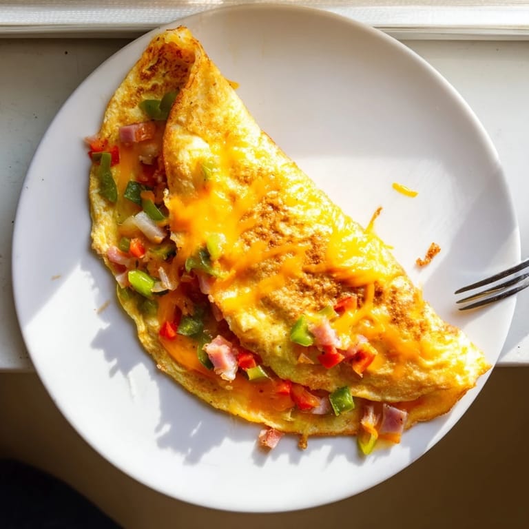 Denver Omelet folded with savory ham, peppers, onions, and gooey cheddar, perfect for a classic American breakfast.