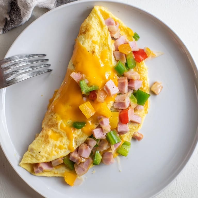 Golden-brown Denver Omelet filled with ham and veggies, served alongside buttered toast for a hearty morning meal.