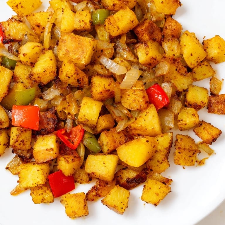 Golden-brown home fries in a skillet, topped with sautéed onions and bell peppers for a hearty breakfast.
