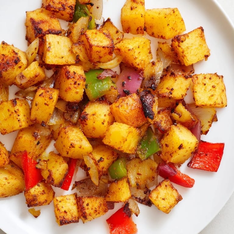 Steaming home fries with diced potatoes, peppers, and onions, perfect alongside eggs and bacon for brunch.