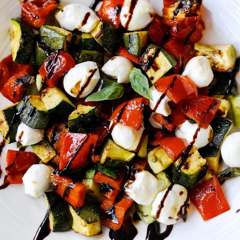 A warm Roasted Veggie Caprese Salad with cherry tomatoes, zucchini, and sweet balsamic glaze drizzle.