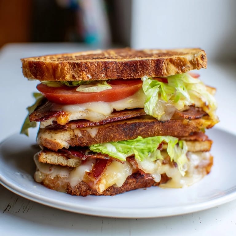 Plant-based Vegan Bacon BLT Grilled Cheese served with crisp lettuce and ripe tomato slices on grilled bread.