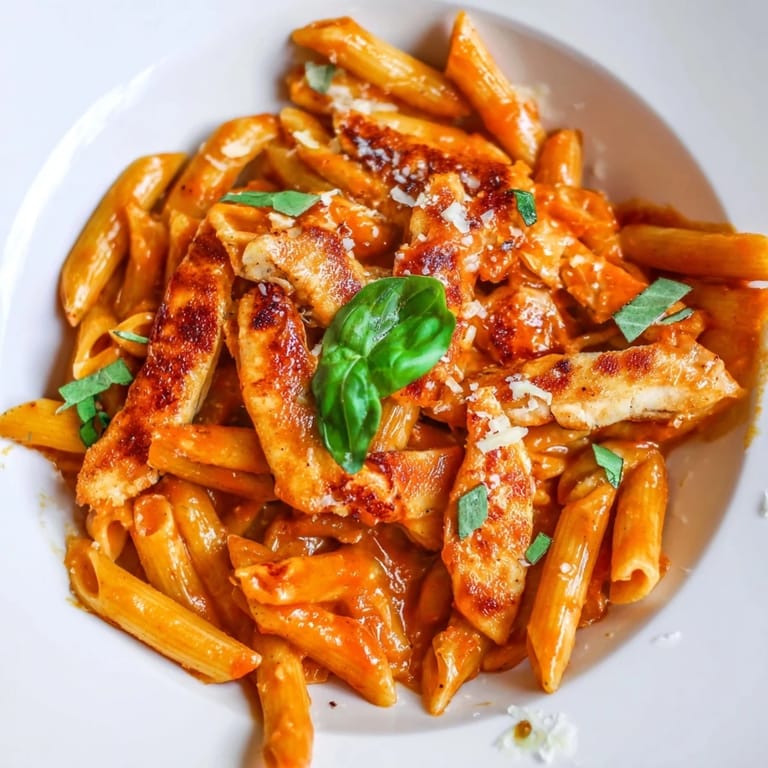 Spicy Tomato Chicken Pasta served in a rustic white bowl, garnished with grated Parmesan, highlighting the vibrant red sauce and golden chicken.  