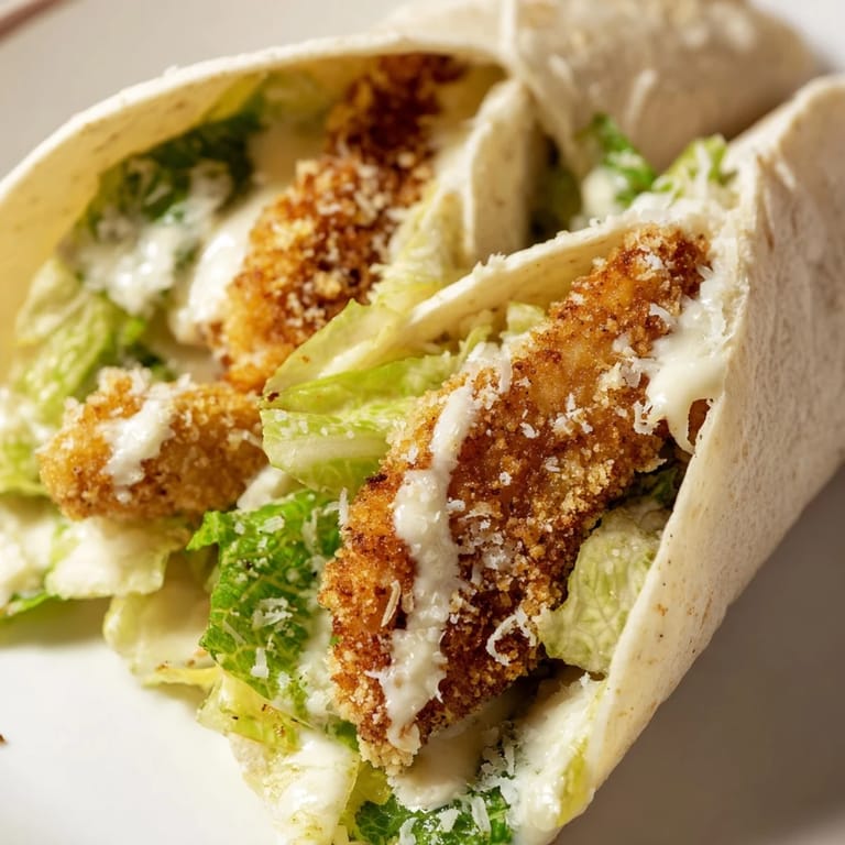 Served on a wooden board, these Crispy Chicken Caesar Wraps feature golden-brown chicken and a drizzle of dressing with lemon wedges.