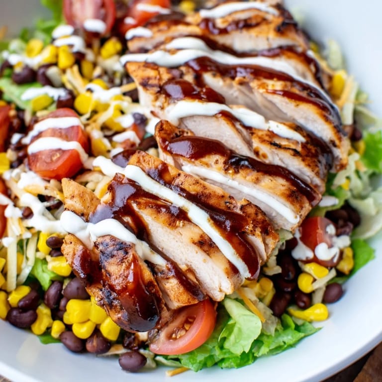 Heaping bowl of BBQ Chicken Salad with black beans, red onion, and shredded cheese, finished with a cool ranch drizzle.