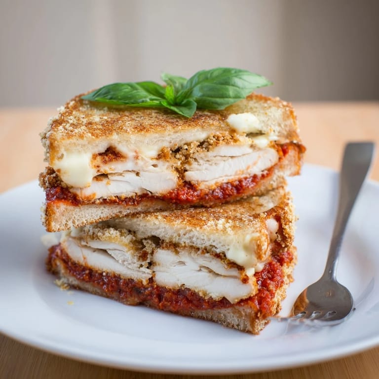 Close-up of crispy Chicken Parm Grilled Cheese on sourdough, highlighting crunchy panko and fresh basil.