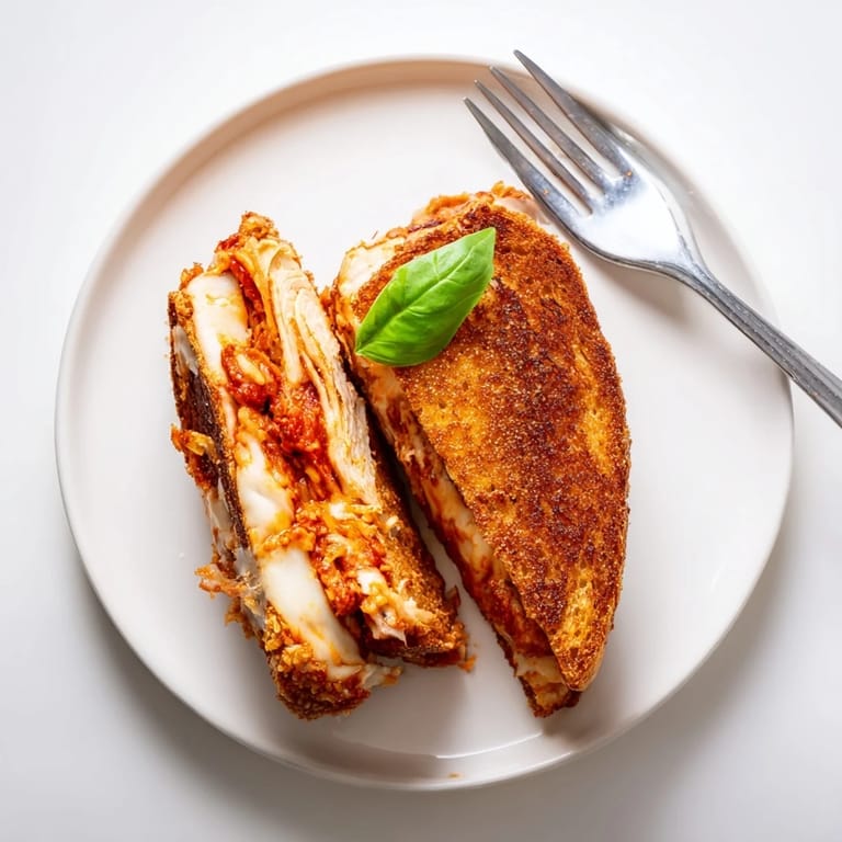 Homemade Chicken Parm Grilled Cheese sandwich stacked high with zesty marinara and golden, garlicky crust.