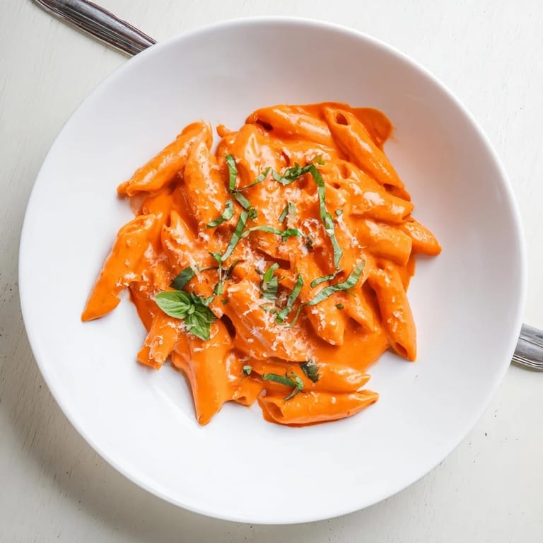 Steaming Creamy Roasted Red Pepper Pasta twirled on a fork, showcasing the vibrant orange sauce against a rustic wooden table.