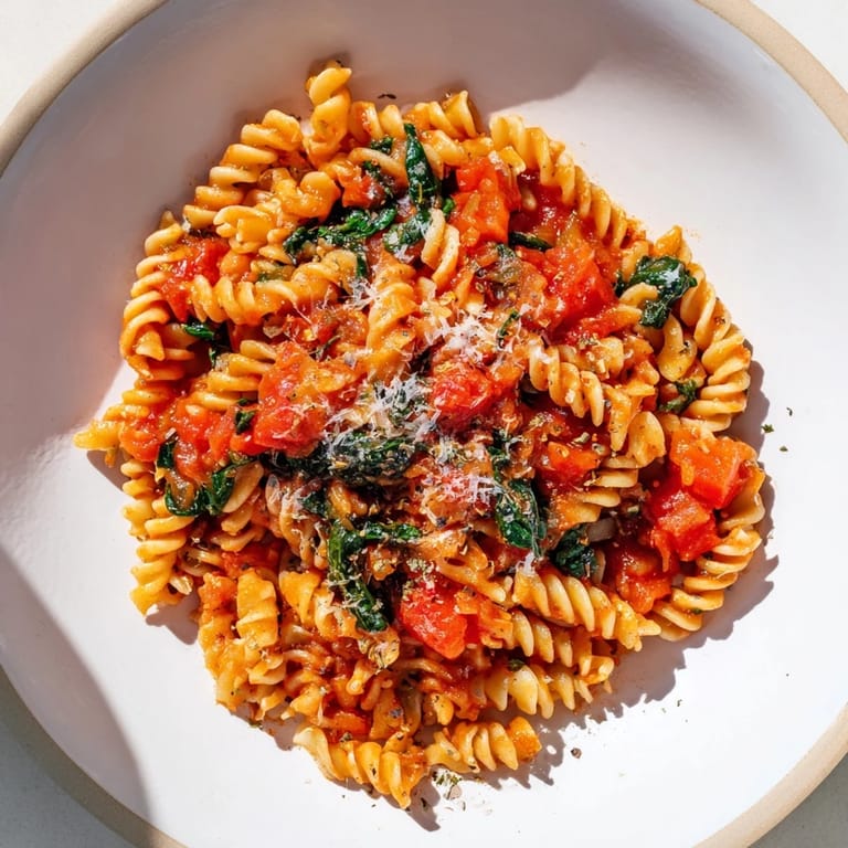 A hearty bowl of Tomato Spinach One-Pot Rotini topped with fresh Parmesan, ready to serve with a crisp salad and crusty bread.