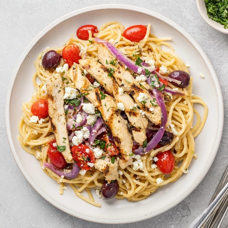 Freshly cooked Greek Chicken Spaghetti served in a warm skillet, featuring tender chicken, vibrant cherry tomatoes, and creamy feta tossed with spaghetti and a lemony herb dressing.