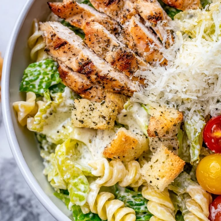 A freshly tossed Caesar pasta chicken bowl reveals al dente rotini, juicy chicken strips, and creamy Parmesan dressing.