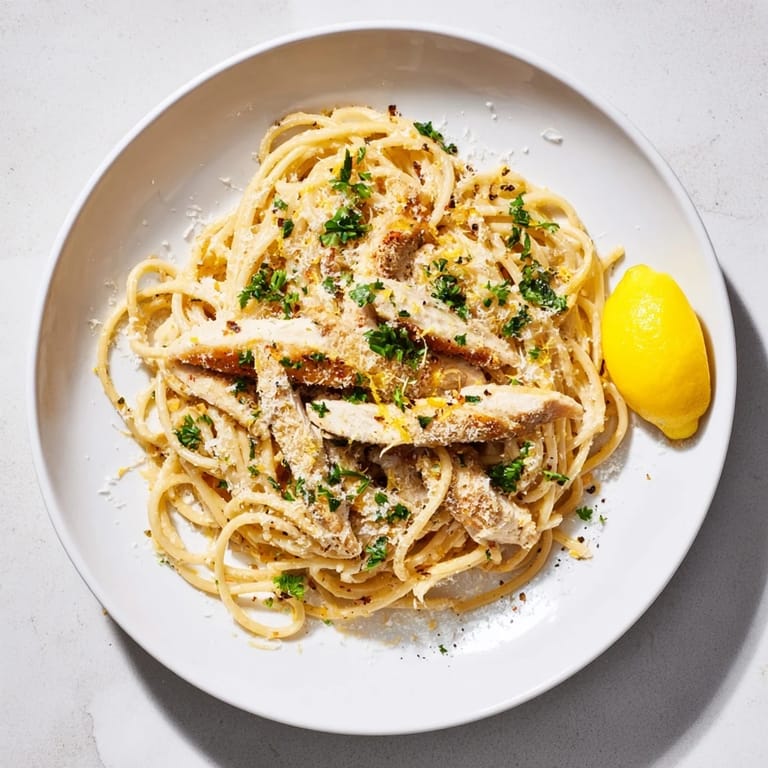 Overhead view of Brown Butter Lemon Chicken Pasta in a large skillet, featuring tender chicken pieces nestled among spaghetti strands tossed in a buttery, aromatic sauce. Lemon wedges and fresh parsley are scattered around for a fresh, inviting look, perfect for a family-style dinner.