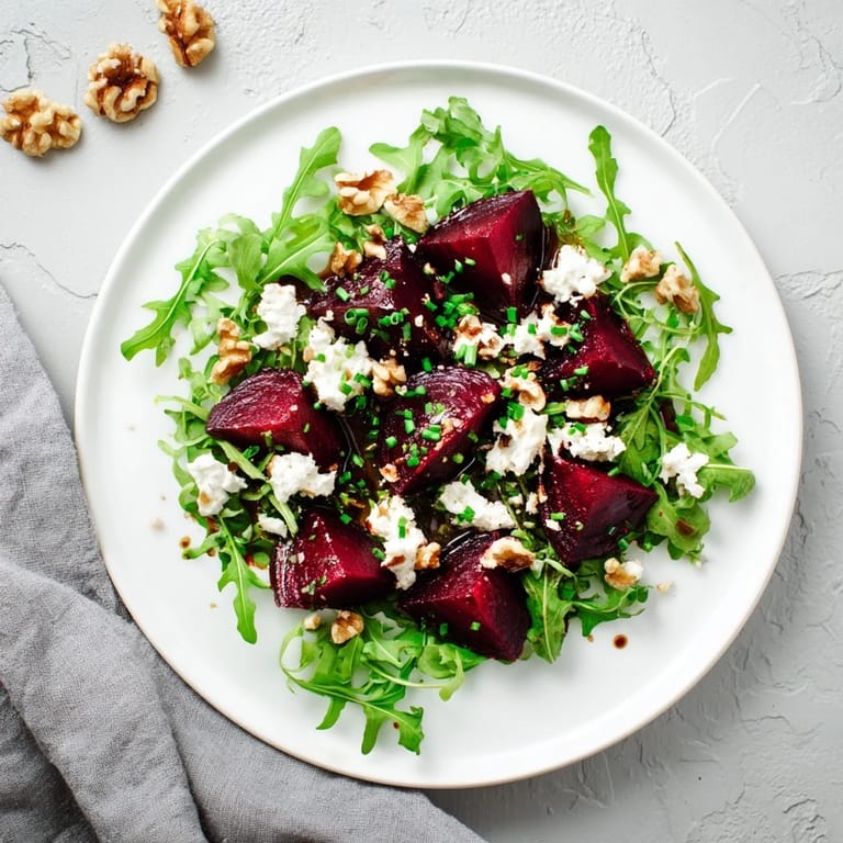 Roasted beet goat cheese salad with tangy goat cheese, honey-balsamic dressing, and golden toasted walnuts on baby arugula.