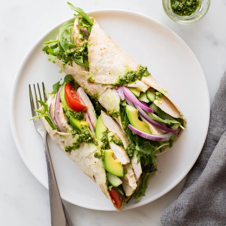 Zesty herbaceous chimichurri sauce coats juicy chicken in this vibrant wrap, layered with cucumber, tomato, and red onion.