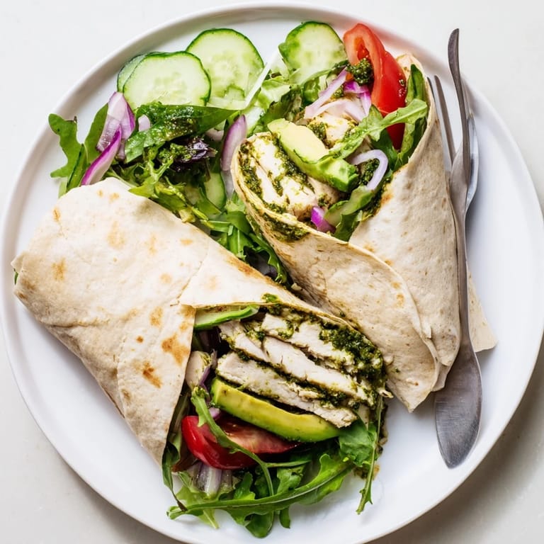 Assembled chimichurri chicken salad wrap cut in half on a plate, showing colorful fillings and extra sauce for dipping.