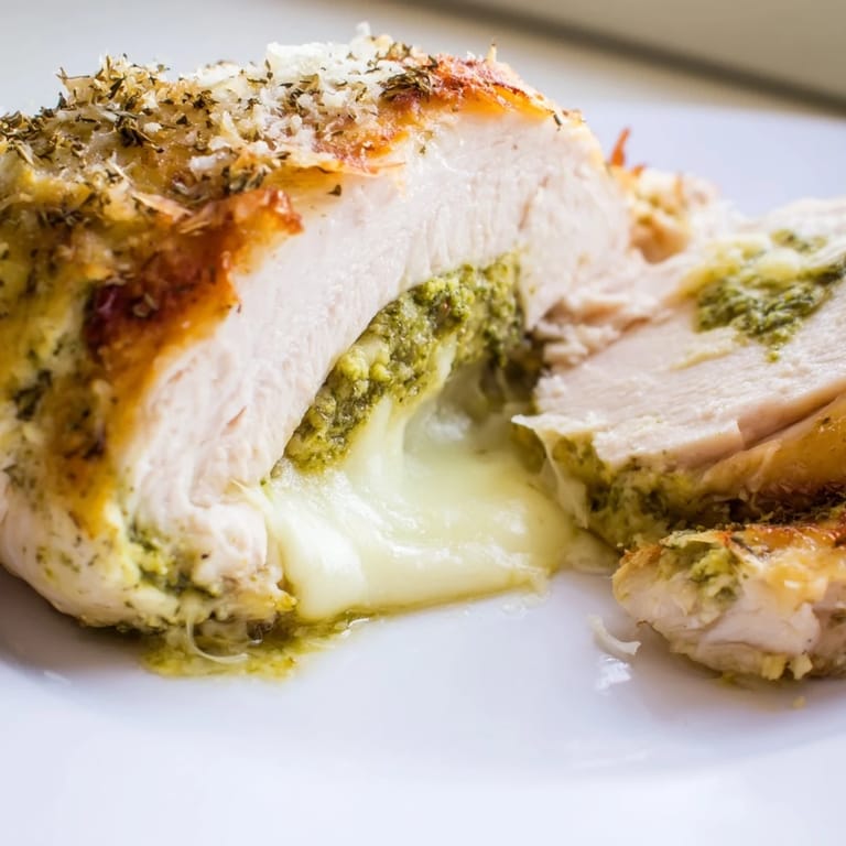 A close view of Mozzarella & Pesto Stuffed Chicken, showing melted cheese and fresh basil pesto spilling from the cut.