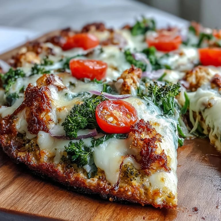 Freshly baked Broccoli Chicken Crust Pizza, aromatic with herbs and cheesy deliciousness.