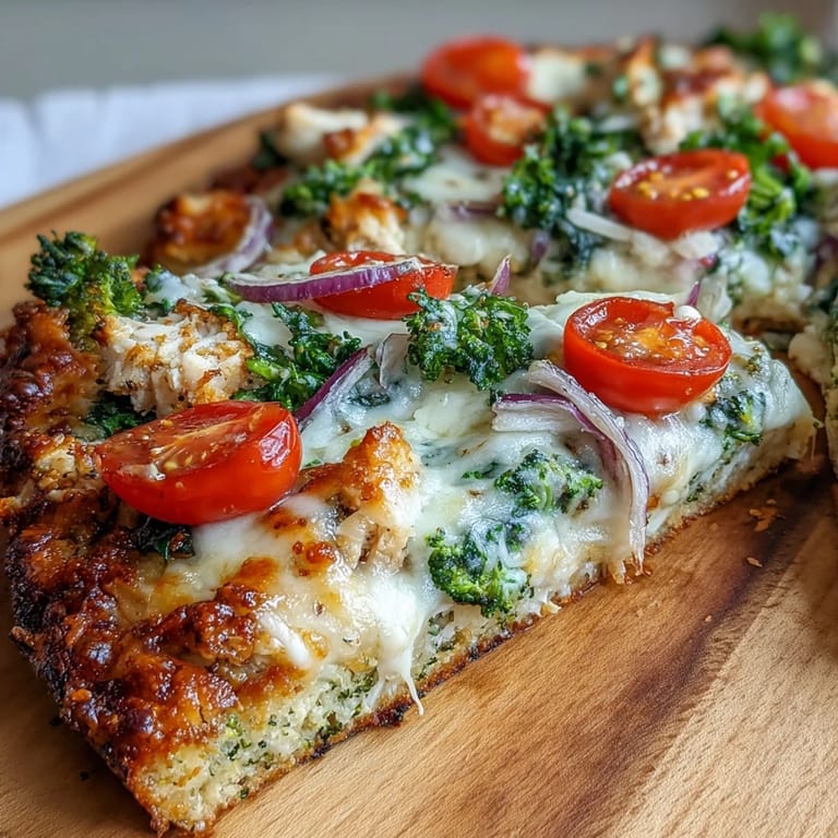 Low-carb Broccoli Chicken Crust Pizza showcasing colorful vegetables, ready to slice.