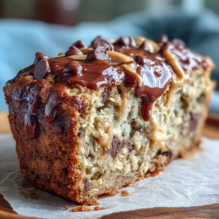 Moist loaf of banana bread loaded with peanut butter, oats, and chocolate chips.