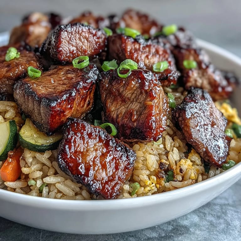 Golden brown steak nestled among colorful veggies in this Easy Hibachi Steak dish.