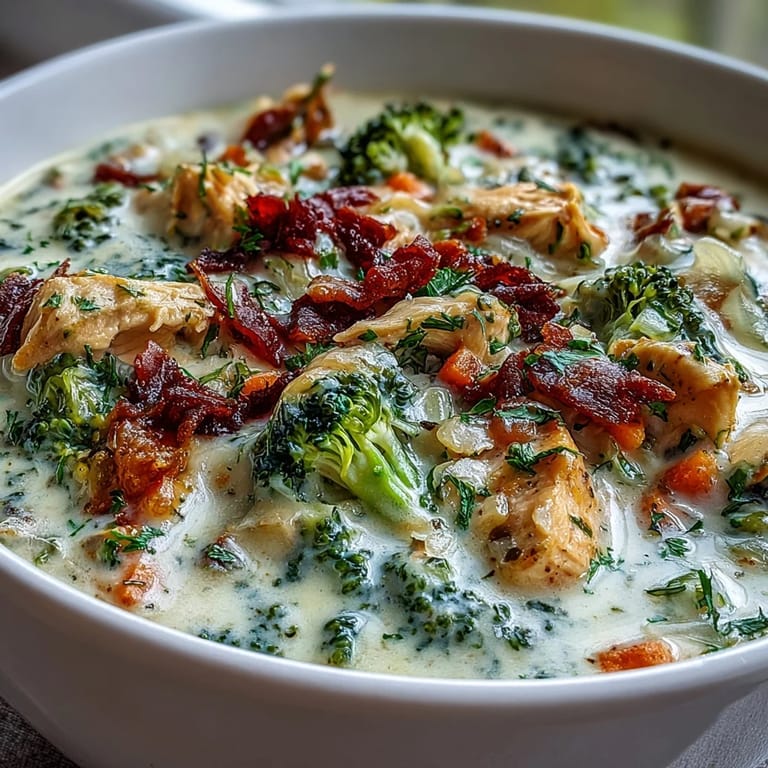 Hearty Chicken Broccoli Cheddar Soup, topped with melted cheddar, perfect for dinner.