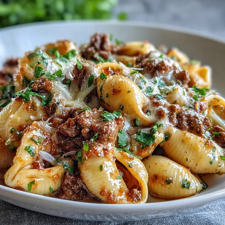 Hearty one pot creamy beef and shells, a comforting dinner with tender pasta and vegetables.