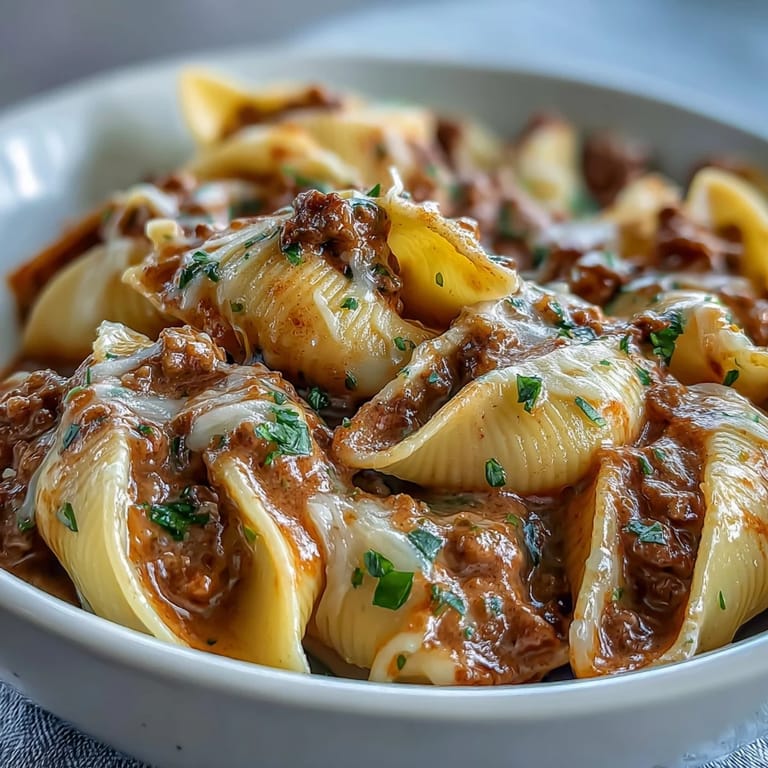Savory One Pot Creamy Beef and Shells, perfect for a quick and delicious weeknight meal.