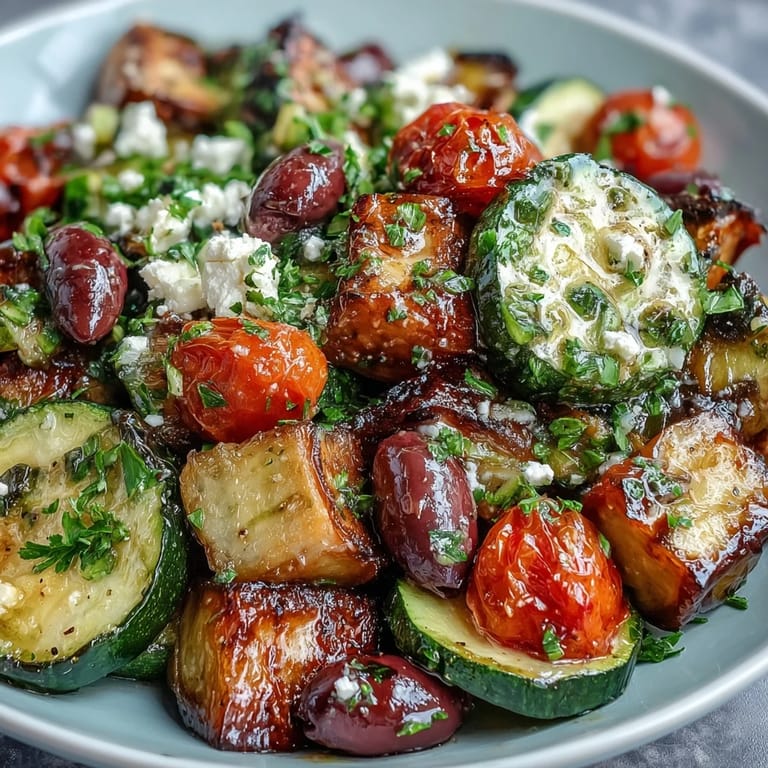 Colorful Roasted Greek Salad featuring caramelized veggies, creamy feta, and bright lemon.