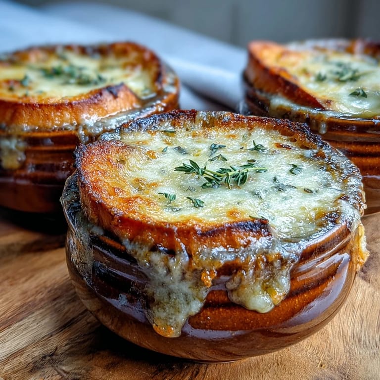 Golden, melted Gruyère stretches over toasted bread in a rich bowl of French Onion Soup with aromatic thyme garnish.