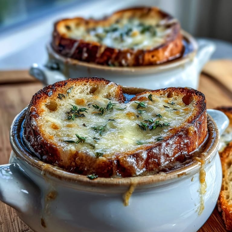 Rustic oven-safe bowls hold steaming French Onion Soup, complete with cheesy toast, ready for a comforting weeknight dinner.