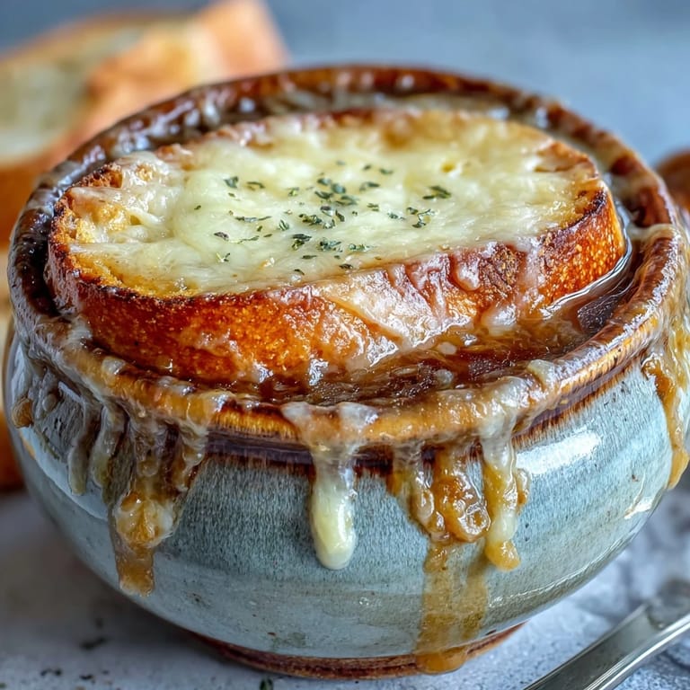 Serving Classic French Onion Soup garnished with thyme, its savory aroma wafting from deep brown broth.