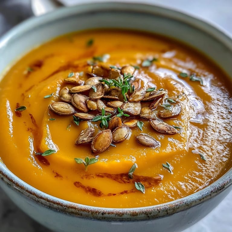 Smooth, warmly spiced Butternut Squash Soup ladled into a white bowl, garnished with maple drizzle.