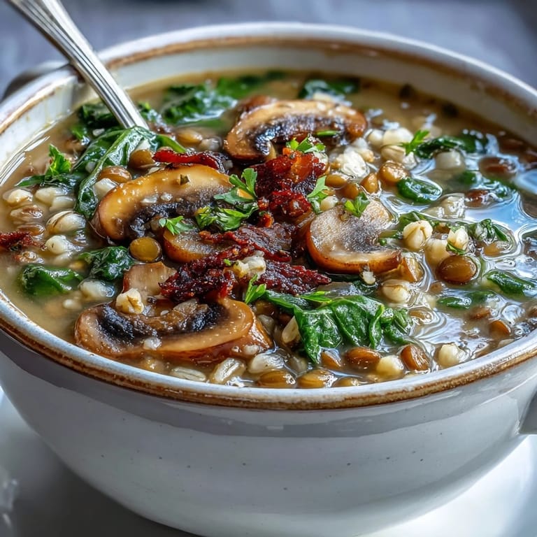 Close-up of Double Lentil and Mushroom Barley Soup, showing tender lentils, mushrooms, barley, and bright collard greens.