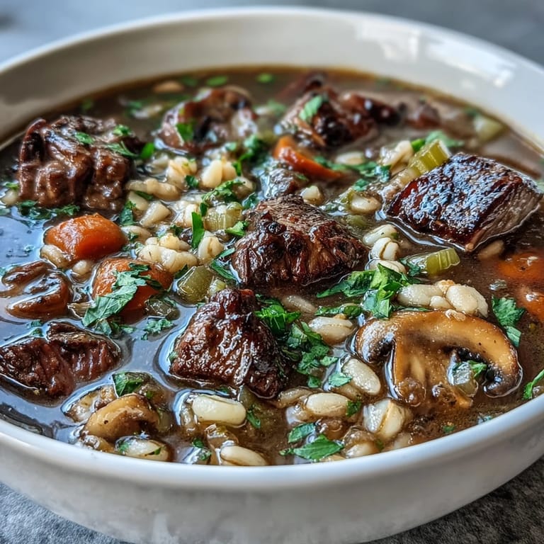 A Dutch oven of Beef and Barley Soup with Mushrooms, rich broth ladled into a cozy serving bowl.