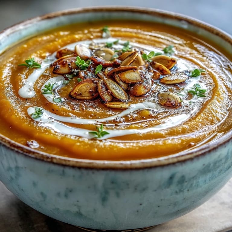 Vibrant bowl of Roasted Butternut Squash Soup topped with seeds, ready for a cozy autumn meal.