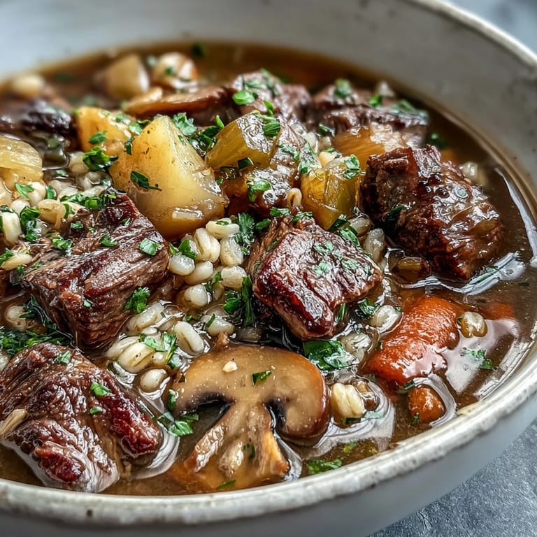 Close-up on rich Beef and Barley Soup, showcasing diced carrots, celery, and chewy pearl barley.